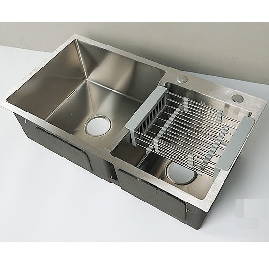 Combo chậu rửa chén bát inox Valenza 7843 hai hố lệch,vòi rửa bát đầu rút 02, bộ xả chậu, rá inox đa năng, bình xà phòng | BigBuy360 - bigbuy360.vn