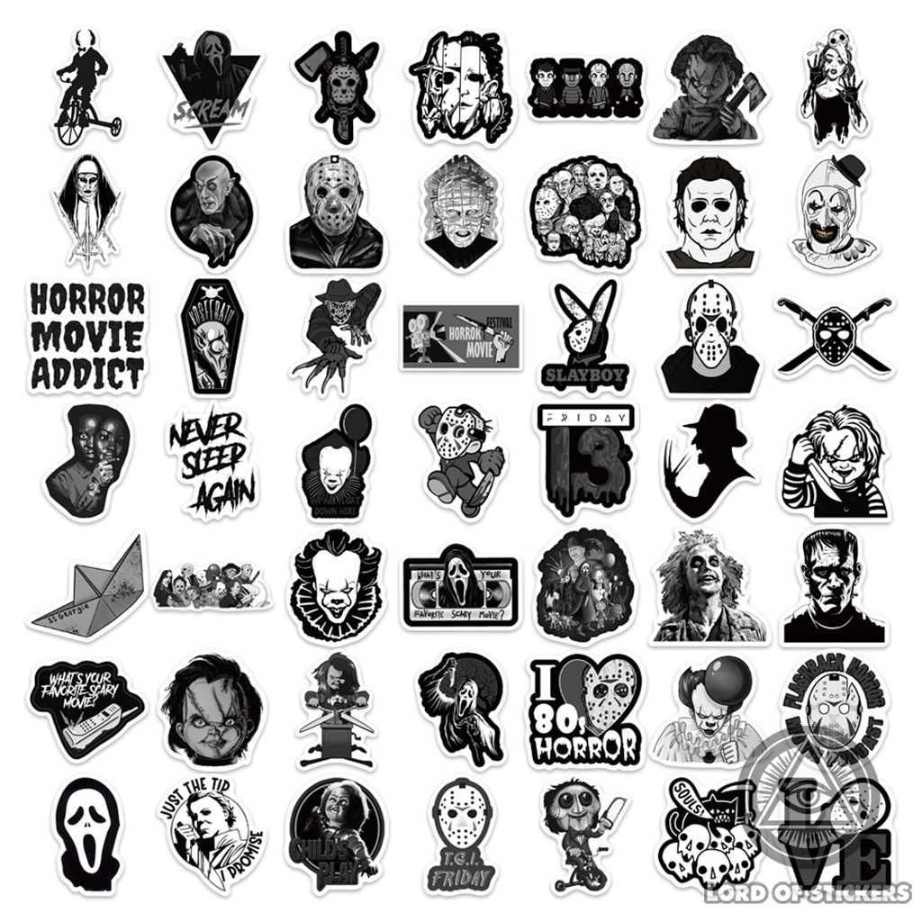 Set 100 Hình Dán Phim Kinh Dị Sticker Đen Trắng Chống Thấm Nước Trang Trí Mũ Bảo Hiểm, Laptop, Điện Thoại, Đàn Guitar
