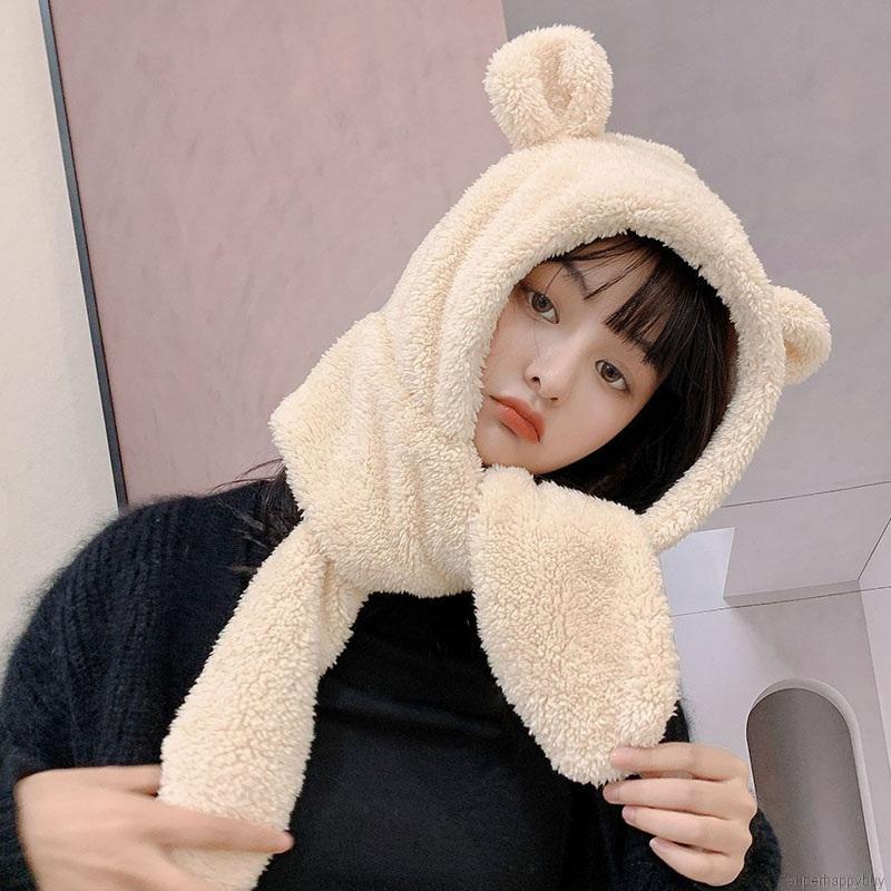 Mũ tai gấu phối lông nhung màu trơn kèm khăn choàng đáng yêu thời trang mùa đông cho nữ