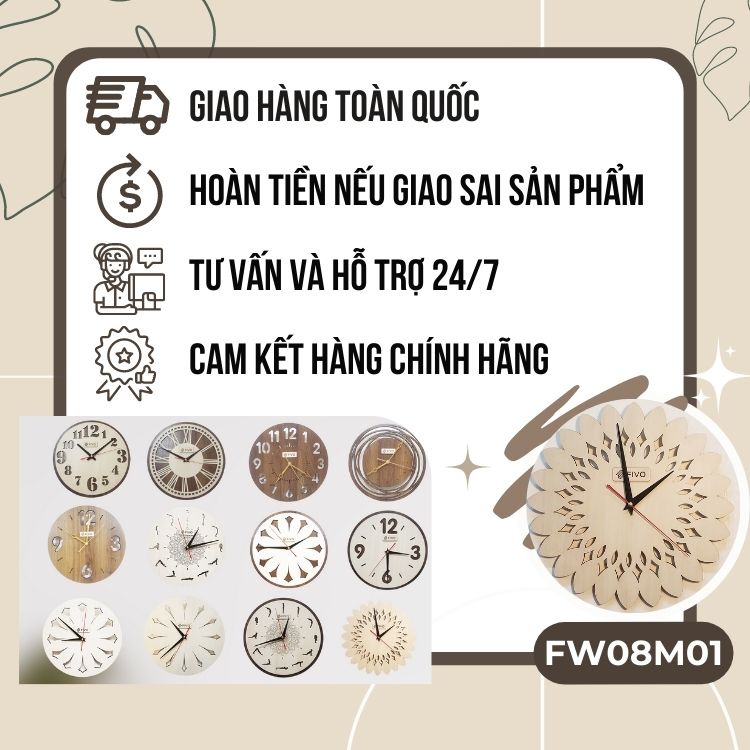 Đồng Hồ Treo Tường Gỗ Đẹp, Hiện Đại Thương Hiệu FIVO Mẫu FW08, Trang Trí Phòng Khách Hình Hoa Hướng Dương