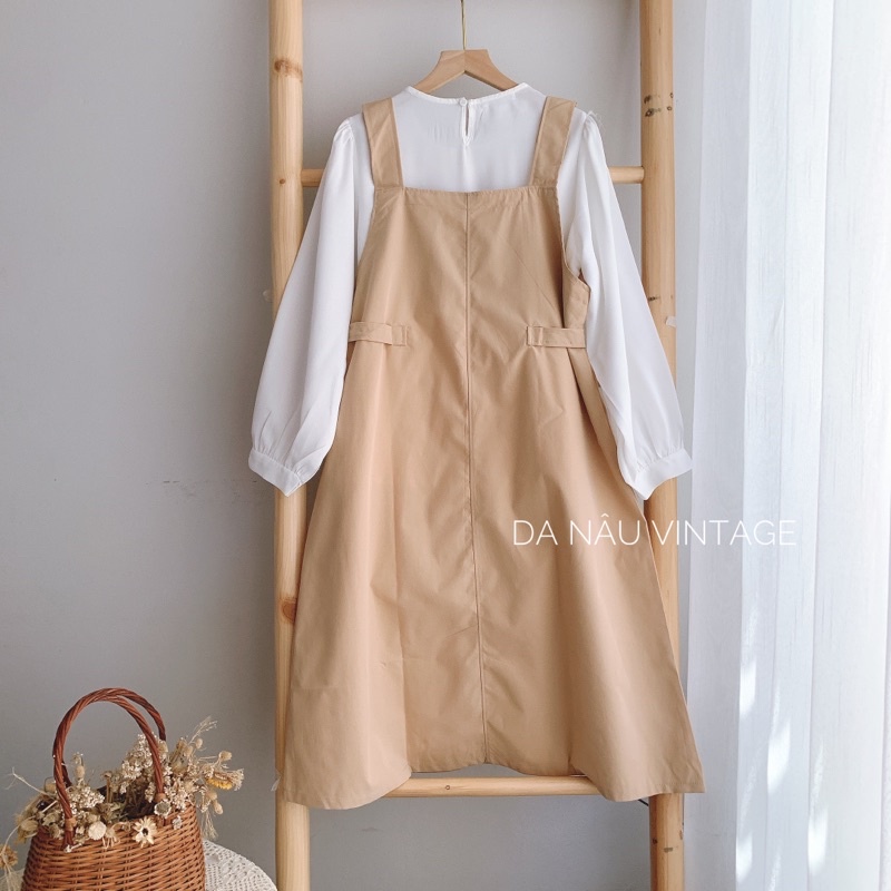 set yếm kate kèm áo trắng tay bồng phông cách ulzzang ( ảnh thật)