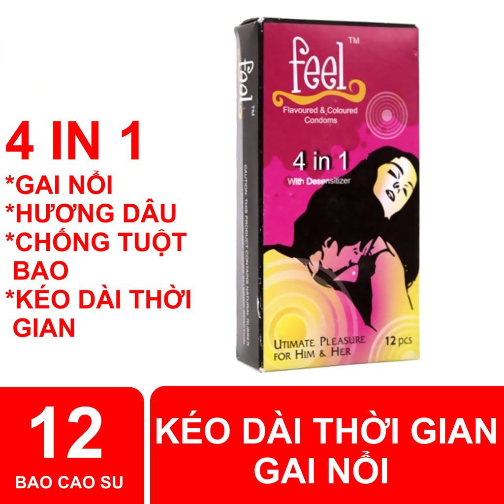 Bao cao su gân gai Feel 4 in 1 kéo dài thời gian hương dâu tây - Hộp 12c - NinaGen - Cam kết che tên