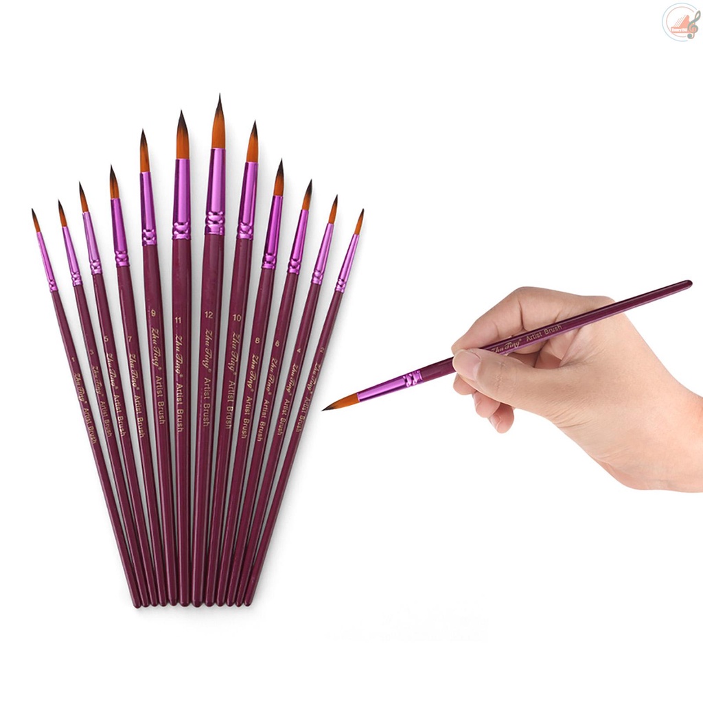 Professional 12pcs Round Pointed Tips Paint Brush Set Different Sizes with Bicolor Nylon Hair Wooden Handle Paintbrushes Art Supplies Gift for Artists Children Students Beginners for Watercolor Acrylic Oil Painting