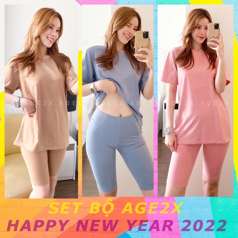 Hình thật Set, Bộ Nữ baby AGE2X Gồm Áo thun trơn và quần biker short- gam màu pastel sẵn SLL