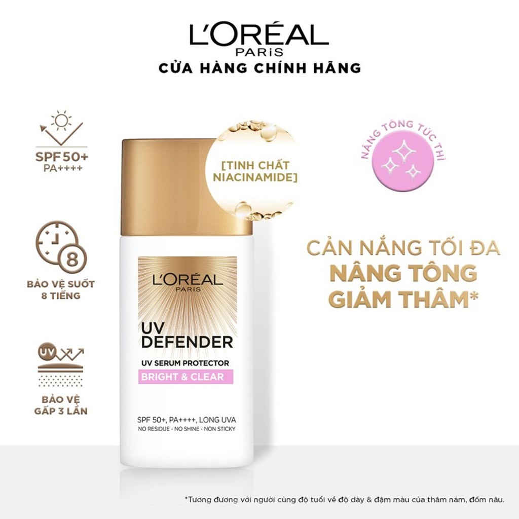 Kem Chống Nắng L’Oreal Mịn Nhẹ Nâng Tông Giảm Thâm 50ml UV Defender Bright &amp; Clear SPF 50+ PA ++++