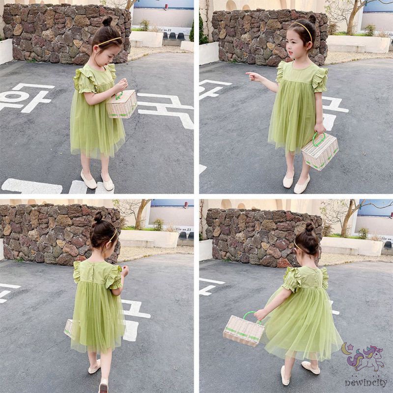 Đầm Tay Ngắn Phối Lưới Thời Trang Hàn Quốc Cho Bé Gái