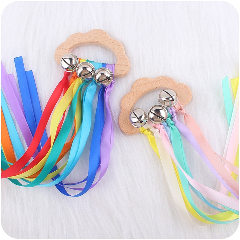 Đồ chơi cắn răng hình đám mây phối dây ruy băng màu cầu vồng có chuông cho trẻ nhỏ