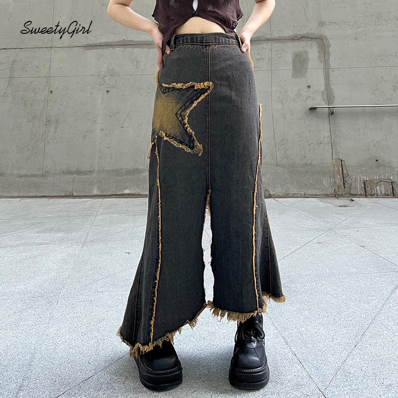 Chân Váy Maxi Denim Lưng Thấp Phối Màu Tương Phản Thời Trang 2022 Cho Nữ