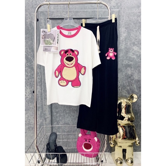 Set áo thun cotton phối viền cổ gấu thêu quần suông hình thật I9