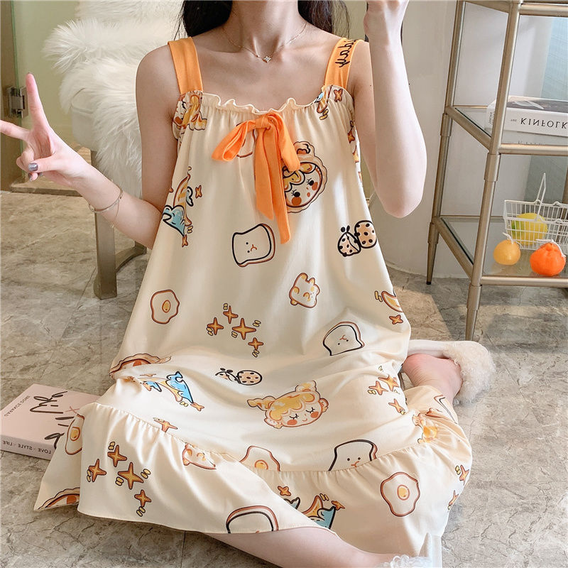 Đầm Ngủ Hai Dây In Họa Tiết Hoạt Hình Đính Nơ Xinh Xắn Cho Nữ