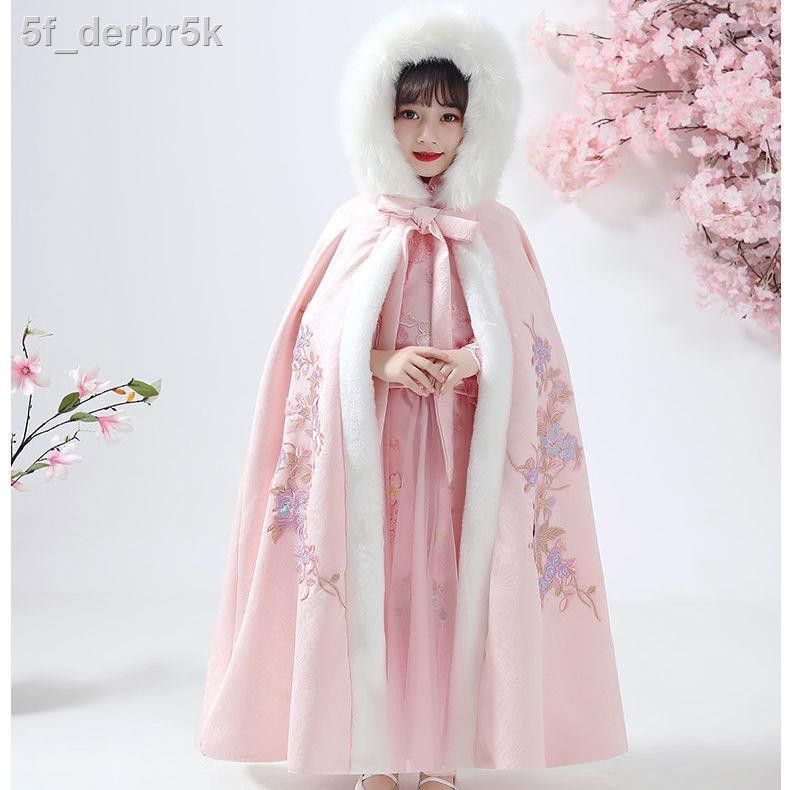 (Date mới)Áo choàng Hanfu kiểu Tây cho bé gái, khoác chống gió Trung Quốc, trẻ em dày dặn nhung đi chơi mùa đông dài