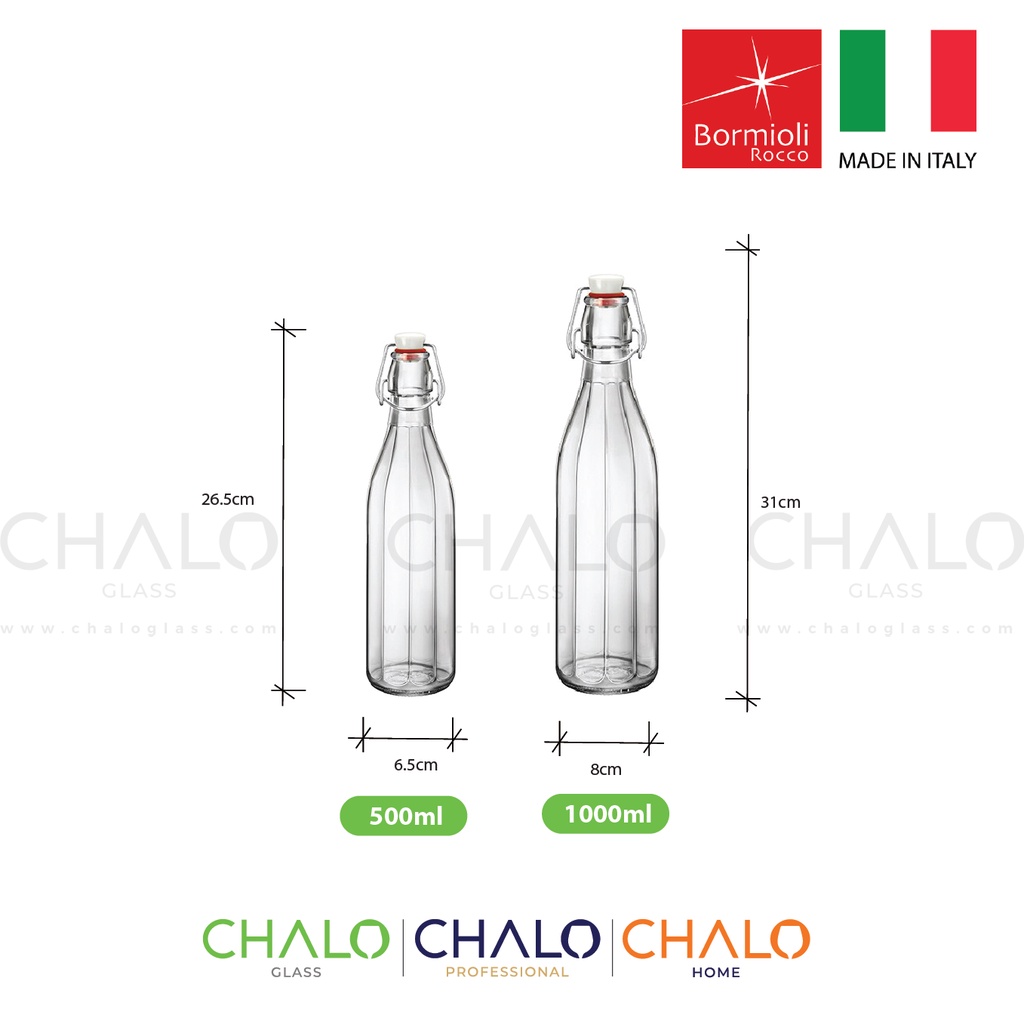 [Chính hãng] Chai thủy tinh nắp cài Italia Oxford 500ml ~ 1000ml (Các màu) | 390850 - 390851