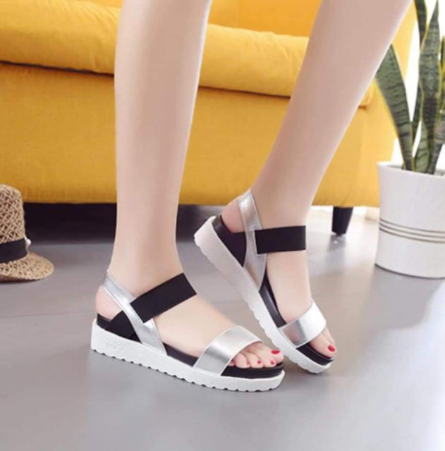 Giày sandal đế dày 3cm quai ngang ánh kim thun co dãn size 37