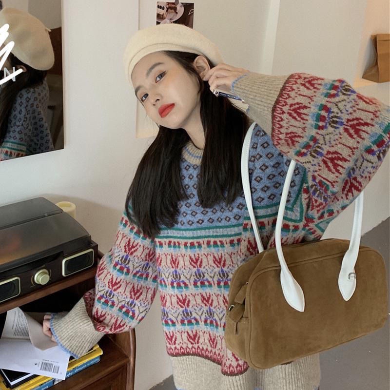 Áo Khoác Len Tay Dài Dáng Rộng Dày Dặn Phong Cách Retro Cho Nữ