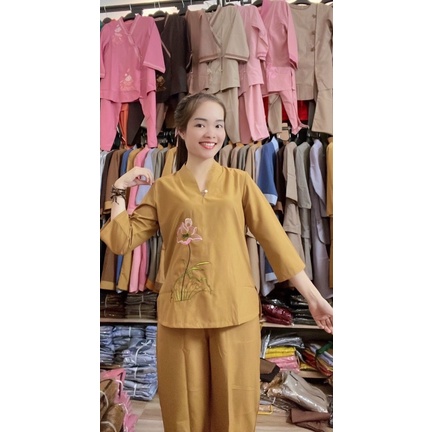 Đồ đi chùa nữ vải kate không co dãn từ 45 đến 62 ký, mẫu nút ngọc không viền cổ, thêu hoa sen, tay lỡ,