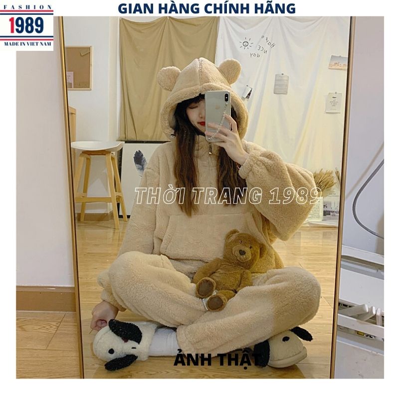 Bộ đồ mặc nhà lông gấu kute dễ thương kiểu dáng hàn quốc, bộ ngủ  lông ,ấm áp mùa đông -PHƯƠNG 1989