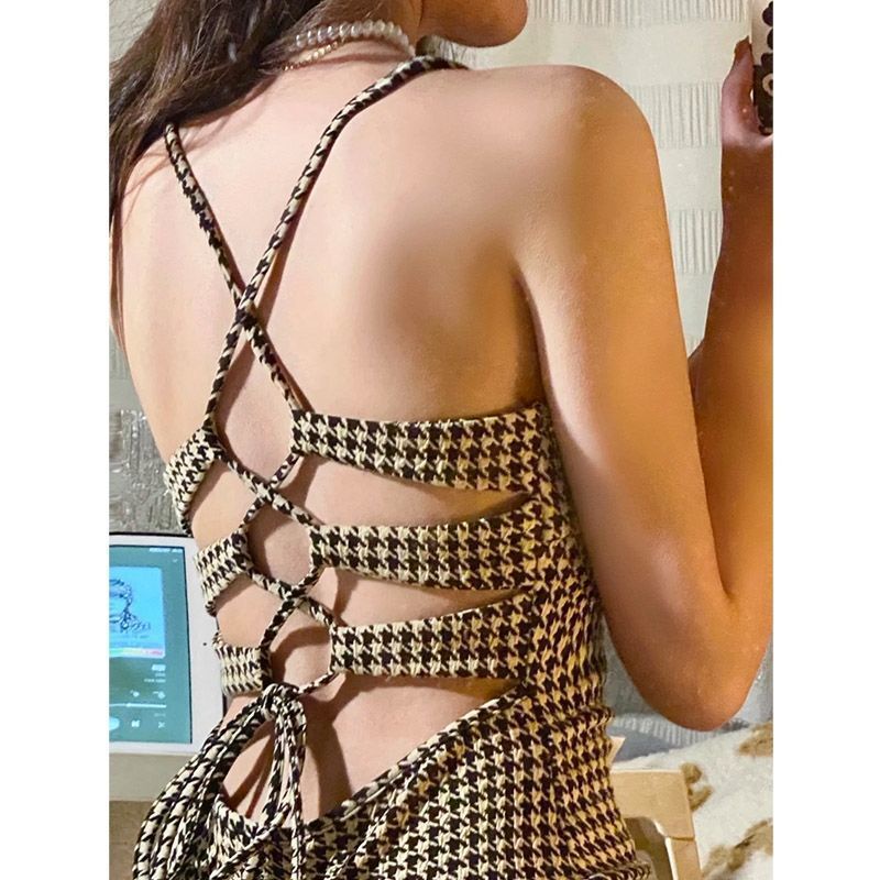 Đầm Ôm Hai Dây Hở Lưng Họa Tiết Houndstooth Phong Cách Retro Pháp Thời Trang Cho Nữ