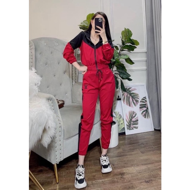 Set bộ thể thao nữ có mũ dài tay quần bo gấu chữ LV chất umi hàn - Bộ thu đông nữ - Hàng mới về