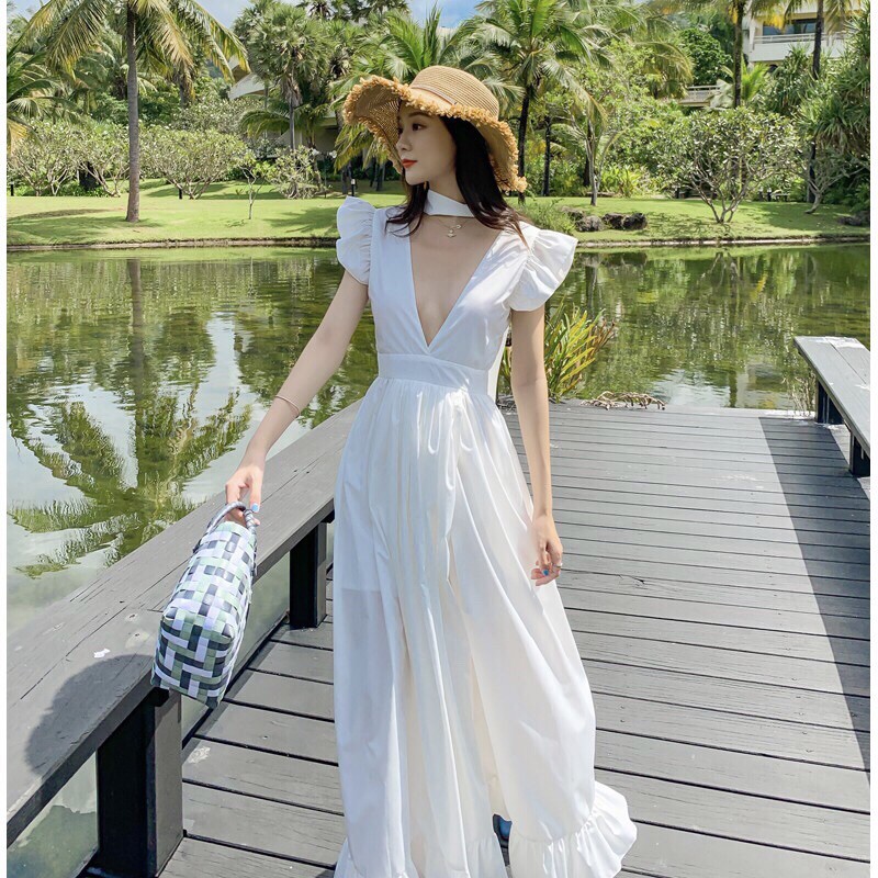 Đầm Maxi Vintage Tay Cánh Tiên Cổ V Hở Lưng Quyến Rũ ( kèm hình ảnh thật) | BigBuy360 - bigbuy360.vn