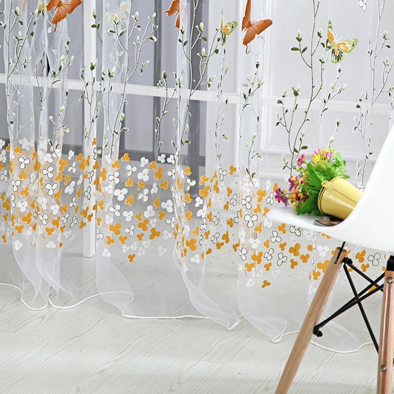 Rèm cửa sổ bằng vải voan in hình hoa và bướm kích thước 100 x 200 cm