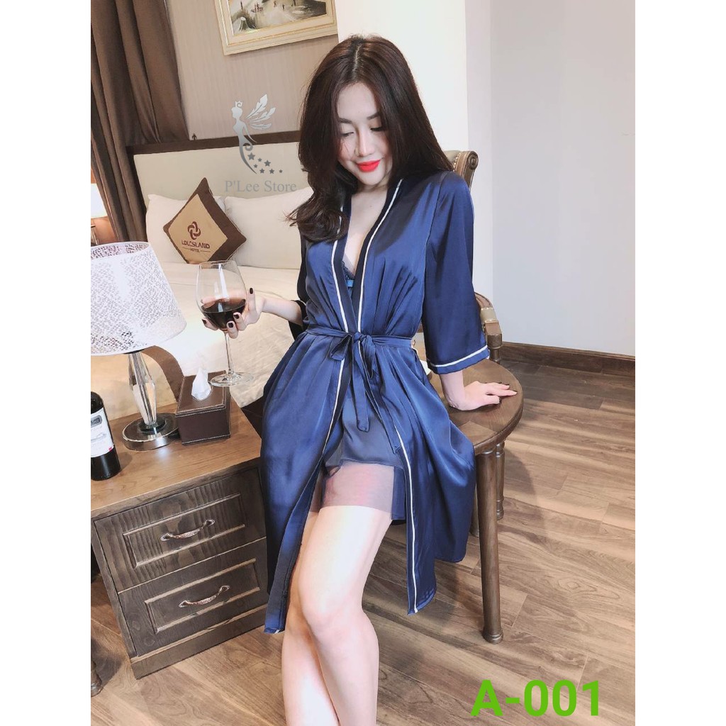 A001 - Đồ Ngủ, Váy ngủ sexy cao cấp + Áo choàng A001 Màu xanh