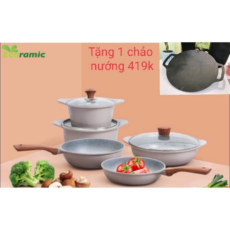 Bộ 5 nồi ECORAMIC PREMIUM ĐÁY TỪ. Bộ nồi chảo cao cấp Ecoramic Hàn Quốc + tặng chảo nướng 36cm đáy t