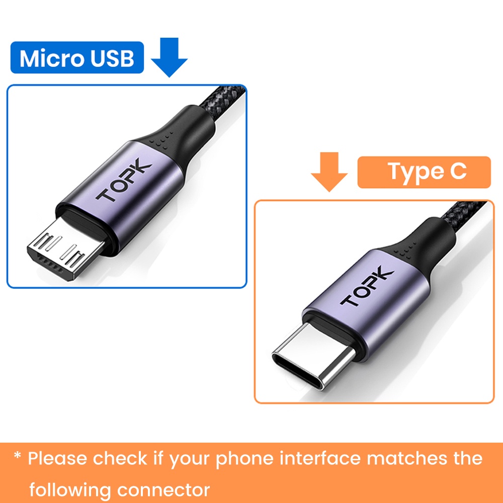 Cáp Sạc Nhanh TOPK AN84 TPE Cổng Micro USB Type C Cho Điện Thoại