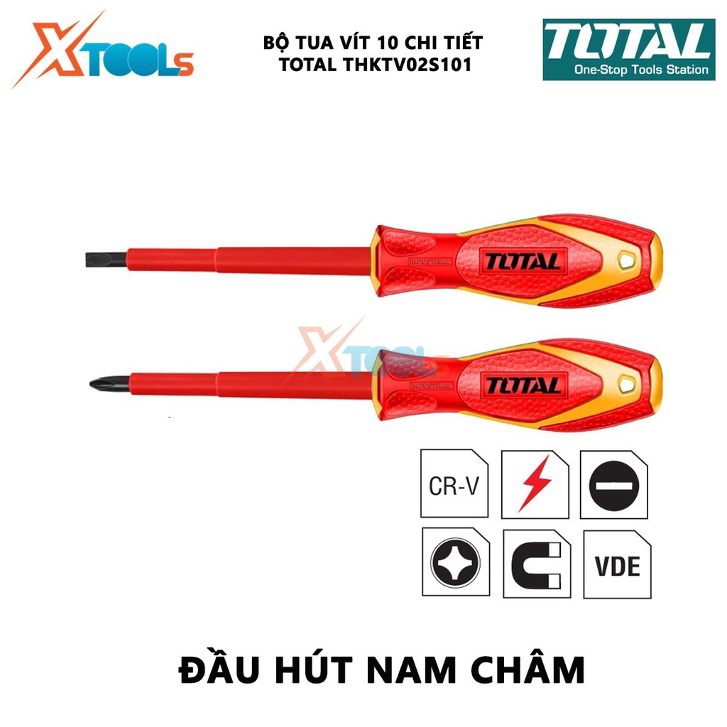 Bộ tuốt nơ vít cách điện 10 chi tiết TOTAL THKTV02S101 | Bộ 10 tua vít cách điện 9 tua vít SL3.0x75mm, SL4.0x100mm, SL5.
