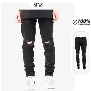 Quần Jeans Nam Snazzy Vải Bò Denim Màu Đen Rách Gối Co Giãn Form Slimfit Distress Black