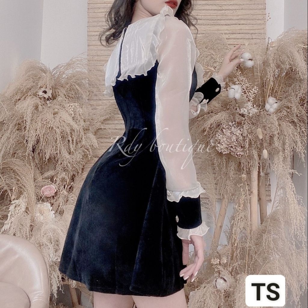 Váy nữ Thiết Kế xòe ngắn phối tơ dài tay, đầm nhung dự tiệc sang chảnh HN clothing V24 | BigBuy360 - bigbuy360.vn