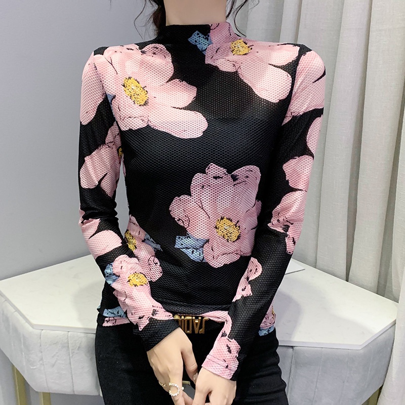 Cổ lọ in họa tiết thời trang thu đông áo lưới dài tay Áo thun dài tay nữ