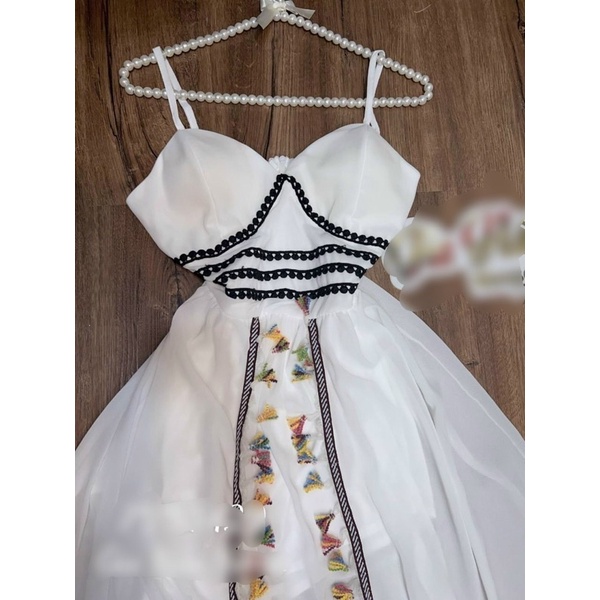 Đầm maxi voan trắng xoè 2 dây cúp ngực xẻ đùi phối thổ cẩm Đầm váy đi chơi du lịch đi biển hotgirl tk đơn giản đi Đà Lạt