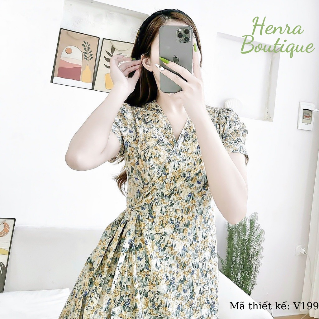 Đầm hoa nhí V199 Henra, kiểu dáng midi, thanh lịch, tôn dáng, tôn da
