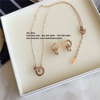 Set dây chuyền và khuyên tai 2 nhẫn lồng có đá