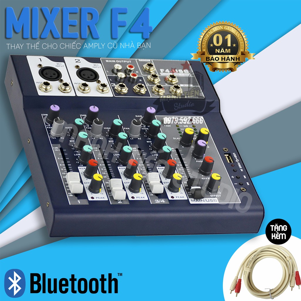 [hàng chuẩn tặng dây hoa sen] Mixer F4 USB phiên bản chuyên nghệp có bluetooth cho karaoke gia đình,livestream fb, bigo