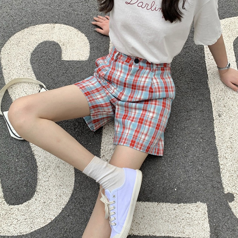 Quần Short Lưng Cao Ống Rộng Họa Tiết Sọc Caro Thời Trang Mùa Hè Cho Nữ