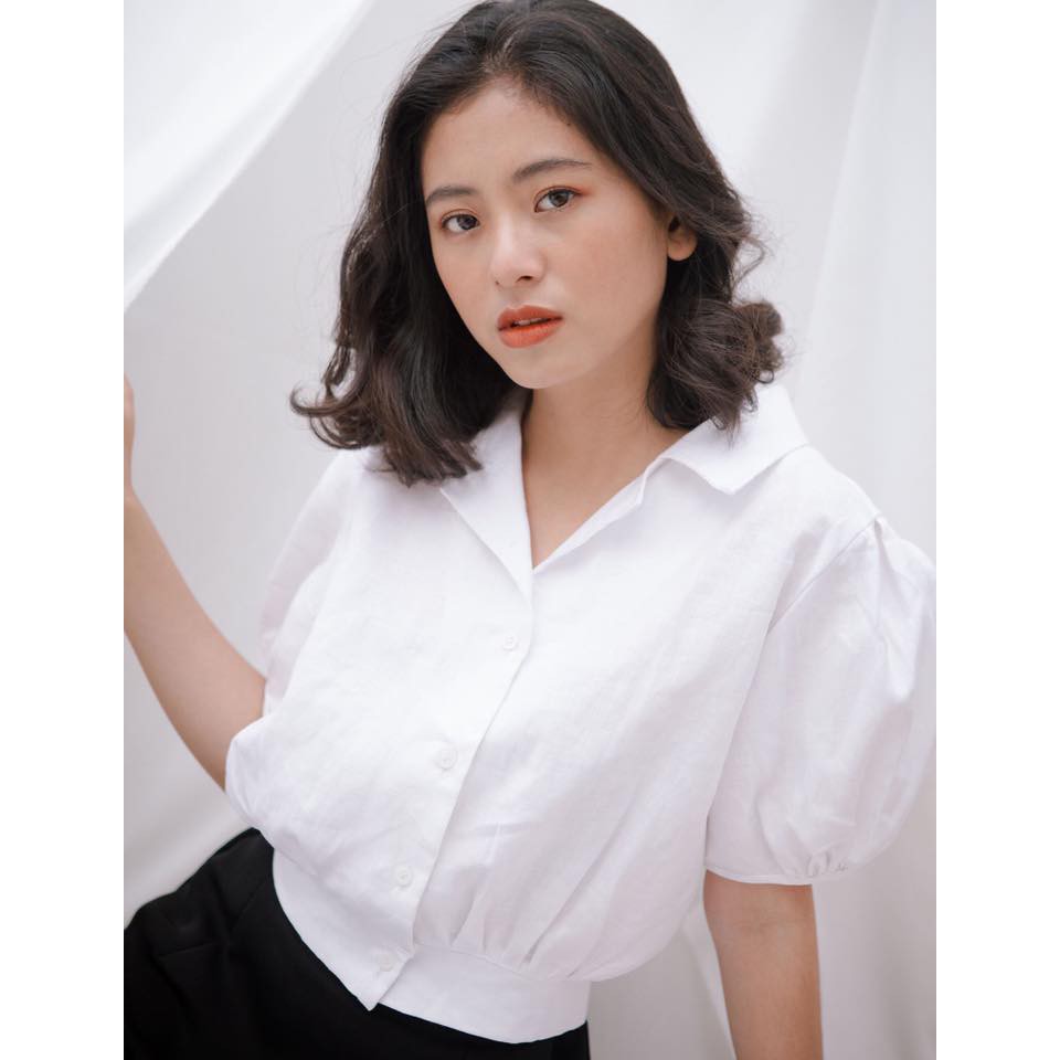 Áo sơ mi kiểu tay phồng cổ danton vải linen giá chỉ 135k (hình shop tự chụp, có hình feedback khách hàng)