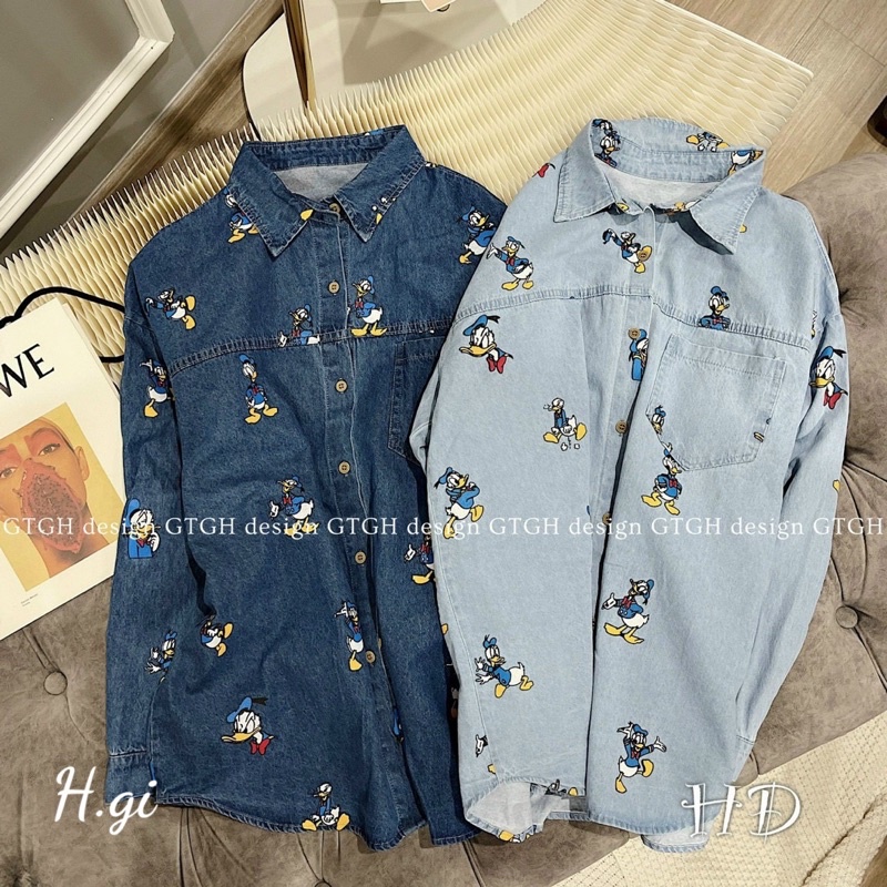 Áo sơ mi bò dài tay hình thêu vịt donal, Áo sơ mi chất denim dày dặn 2 màu cực chất