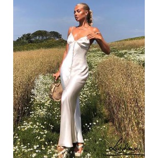 Đầm Dài Hai Dây Cổ Chữ V Màu Sắc Trơn Xẻ Tà Lưng Cao Thời Trang Cho Nữ