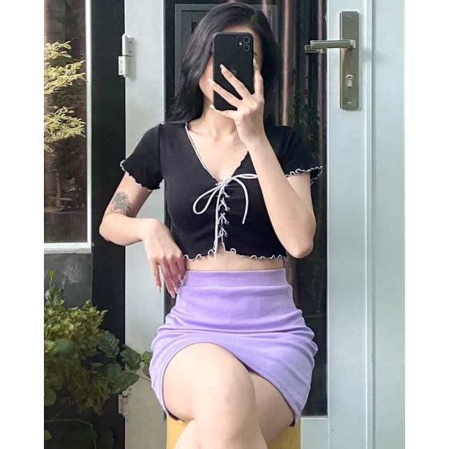 Áo croptop viền bèo đan dây Ulzzang