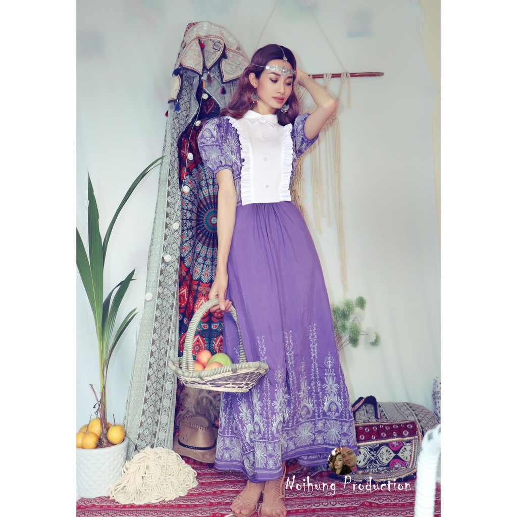 Đầm váy vintage ulzzang công chúa tiểu thư bánh bèo Bohemian thêu hoa maxi boho dáng dài xòe đi biển đẹp rẻ hotgirl