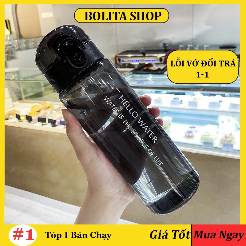 Bình đựng nước nhựa cho bé cute nhỏ gọn phong cách thể thao, bình nước chia vạch 780ml dễ thương HELLO WATER OUOUDECOR