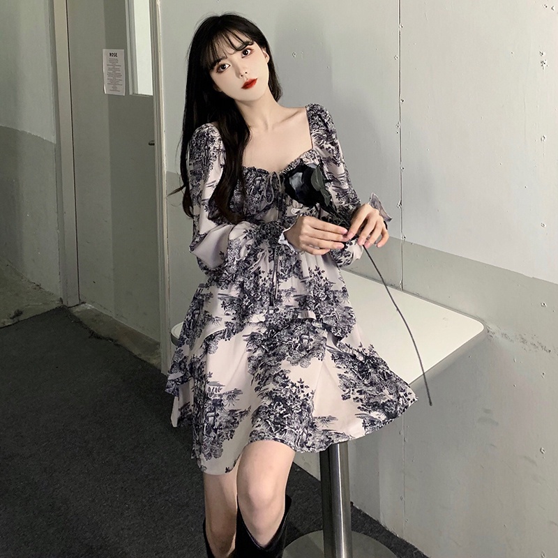 Đầm kiểu Perty tay dài họa tiết hoa phong cách retro thời trang cho nữ