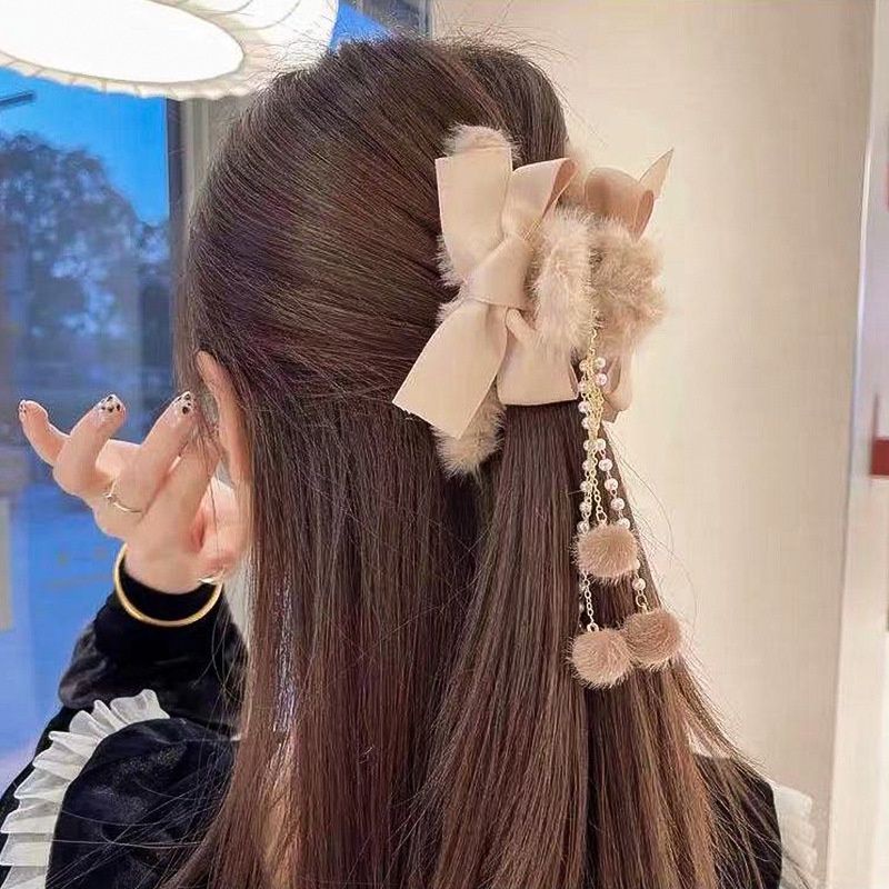 Kẹp tóc càng cua chéo lông mịn phối nơ tua rua phong cách hàn quốc
