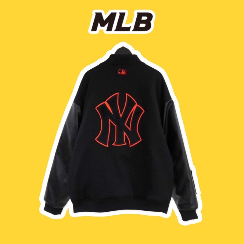 Áo Khoác Bomber Varsity MLB Thêu Logo Màu Cam Phối Tay Da mã TG25 - Full tem tag