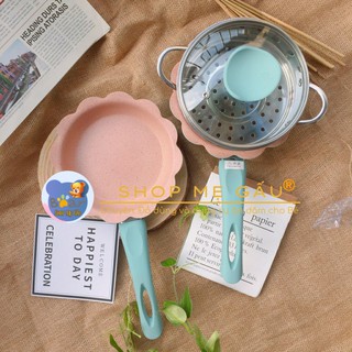 Bộ Nồi Chảo Cho Bé Ăn Dặm, Nồi Chảo Nấu Quấy Hình Hoa Cao Cấp, Men Đá Chống Dính, Kèm Xửng Hấp