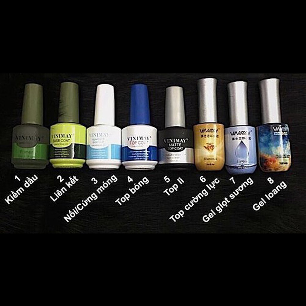 Bộ Vinimay Chính hãng  base, top, phá gel, lì, giọt sương, sơn cứng móng, top loang, kiềm dầu, top kim cương...