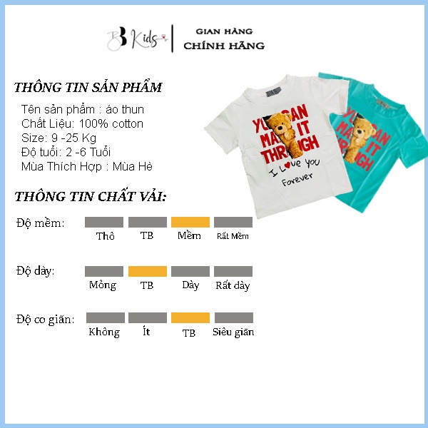 Áo Thun Ngắn Tay Cho Bé BB Kids In Hình Gấu Nửa Kèm Chữ Chất Liệu Cotton 100% Co Giãn 4 Chiều