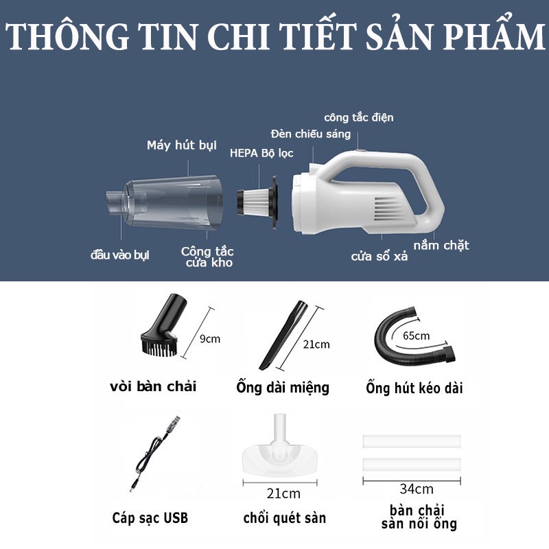 Máy Hút Bụi Không Dây Cầm Tay Đa Chức Năng  - Có Thể Hút Bụi Trên Ô Tô,Và Nhà,Công Suất Lớn Làm Sạch Mọi Ngóc Ngách Ver5