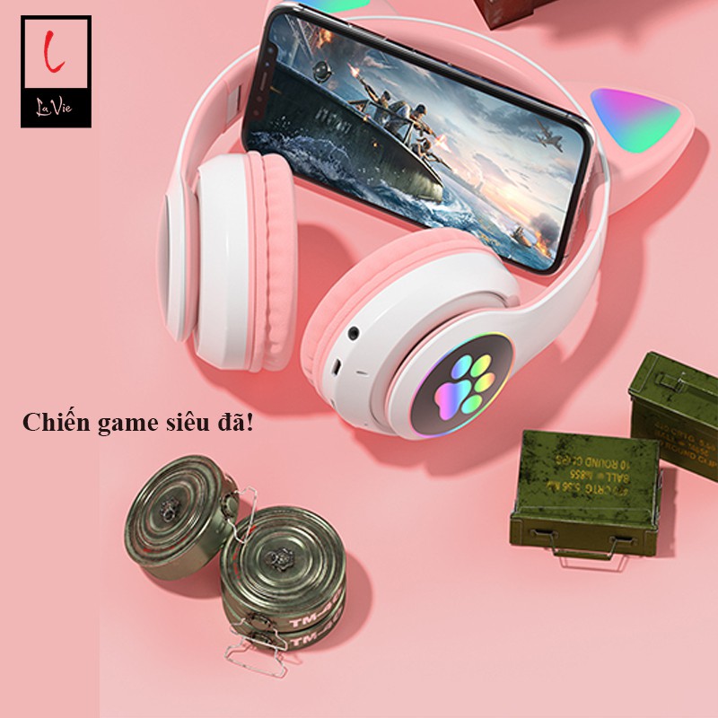 Tai Nghe Mèo Chụp Tai Bluetooth Có Mic,  Headphone Tai Mèo Cute Âm Thanh Sống Động, Led Siêu Xinh